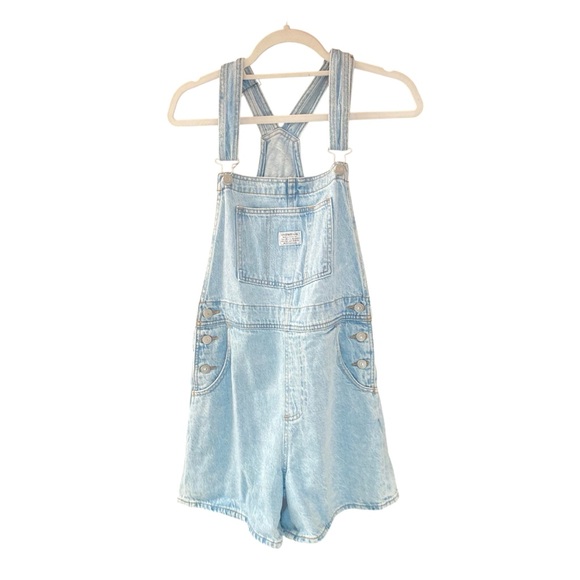 Levi’s Premium Women’s Short Bib Overalls Light Blue Denim Romper Size Small - Picture 4 of 10